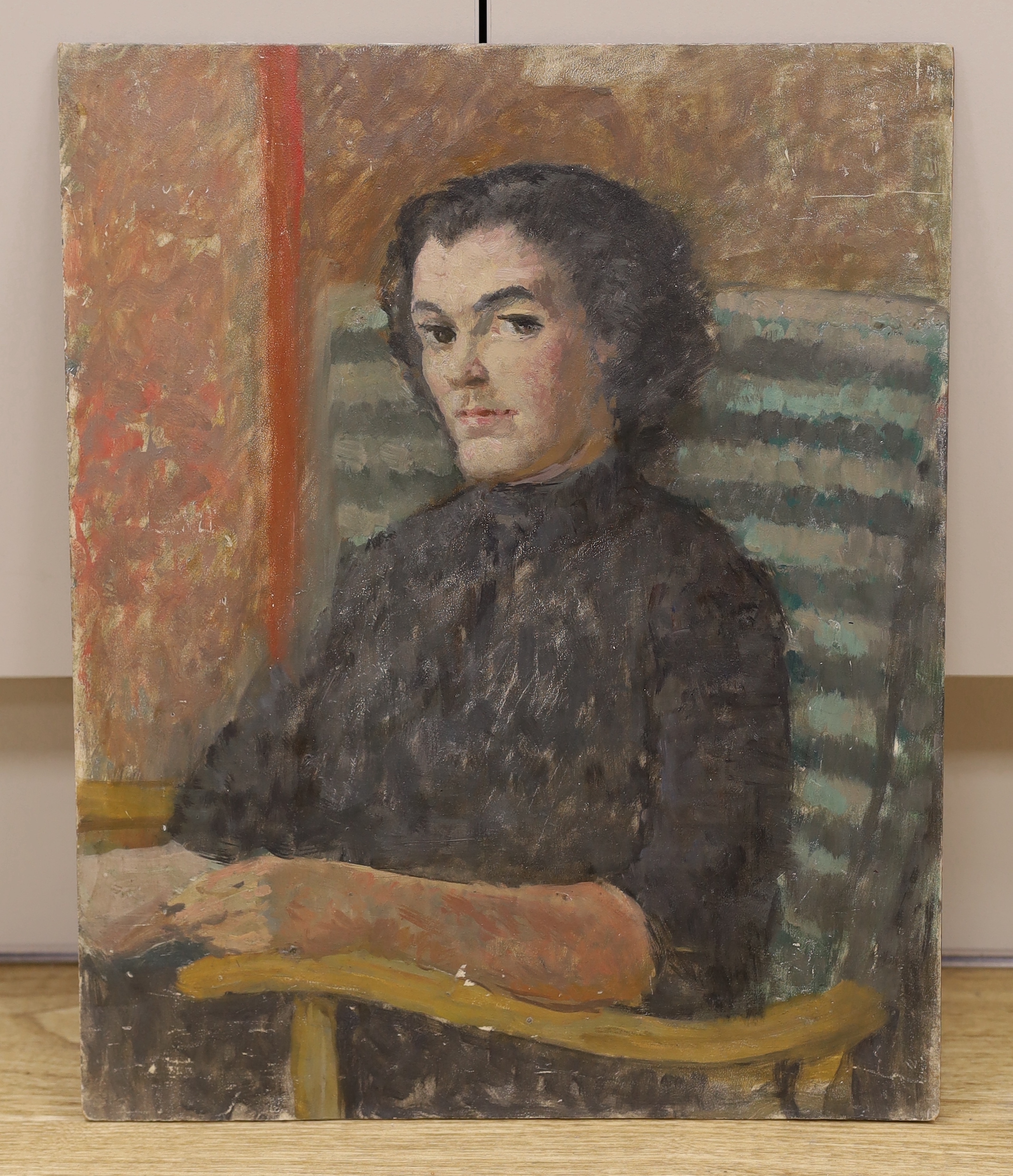 Hubert Wellington (1879-1967), oil on wooden panel, Portrait of a lady, possibly Margot Stueler, inscribed verso, 41 x 33cm, unframed